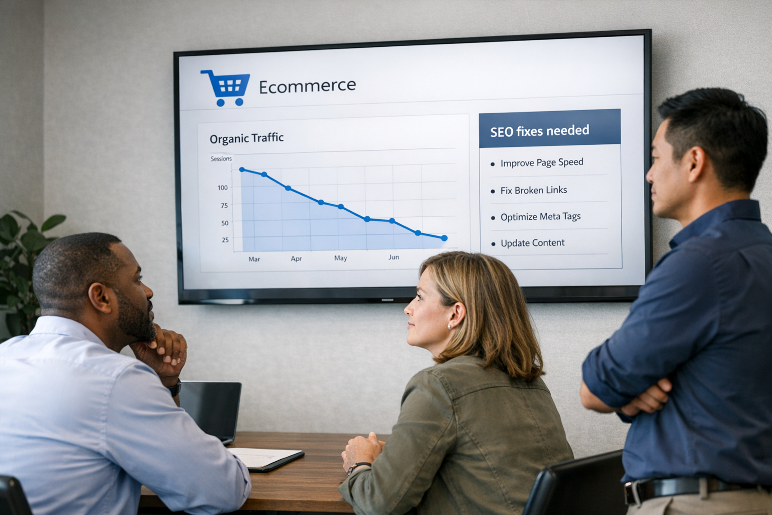 B2C Ecommerce Team Reviewing SEO Report on Shopping Cart Screen