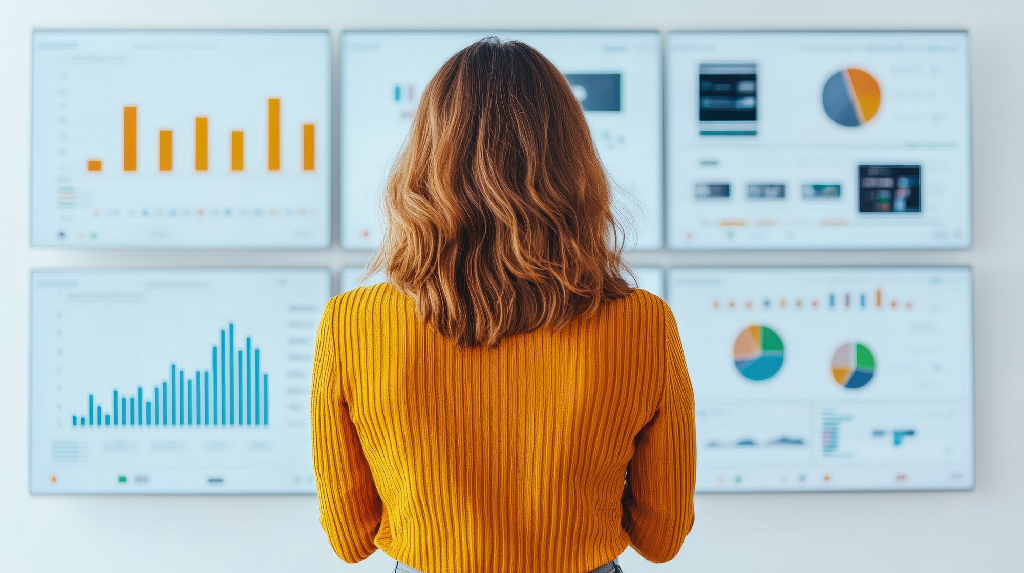 Woman in yellow sweater analyzing performance metrics on multiple digital screens displaying graphs and charts related to affiliate tracking and marketing insights.