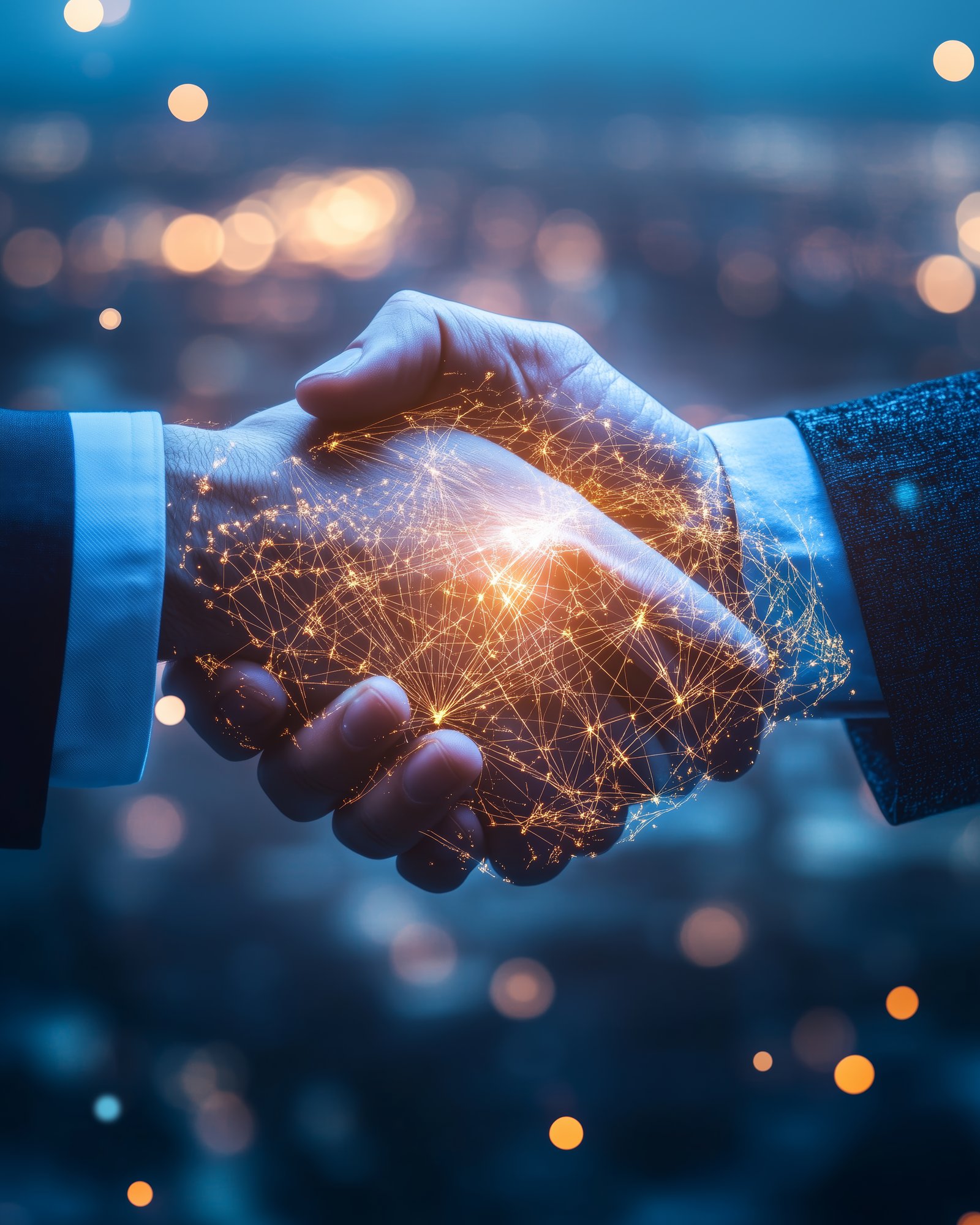 Hands shaking with a glowing network of connections, symbolizing collaboration and innovative marketing strategies for growth.
