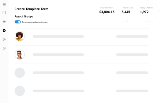 Contract management interface displaying revenue, clicks, and actions metrics with user profile images for partner payout groups. Contract management interface displaying revenue, clicks, and actions metrics with user profile images for partner payout groups.