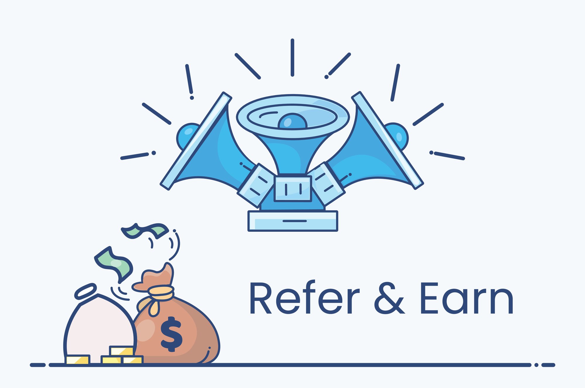 Refer and Earn graphic featuring megaphones, cash bags, and dollar signs, promoting CIS Digital's referral program for earning cash and service discounts. Refer and Earn graphic featuring megaphones, cash bags, and dollar signs, promoting CIS Digital's referral program for earning cash and service discounts.