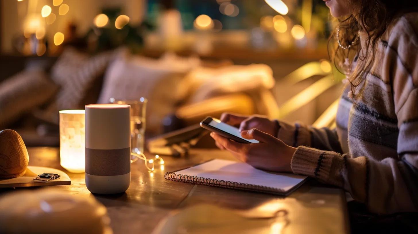Person using a voice-activated device in a cozy home setting for local SEO optimization