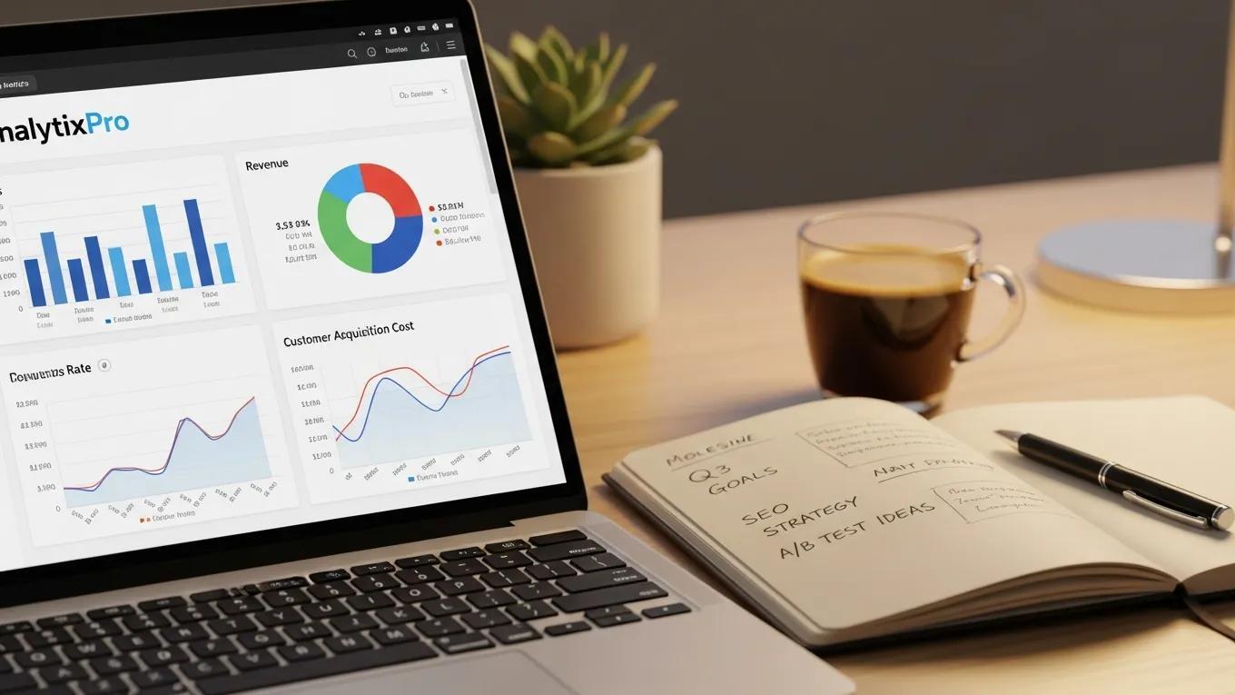 Close-up of a laptop with marketing analytics software in a cozy workspace, highlighting data-driven techniques