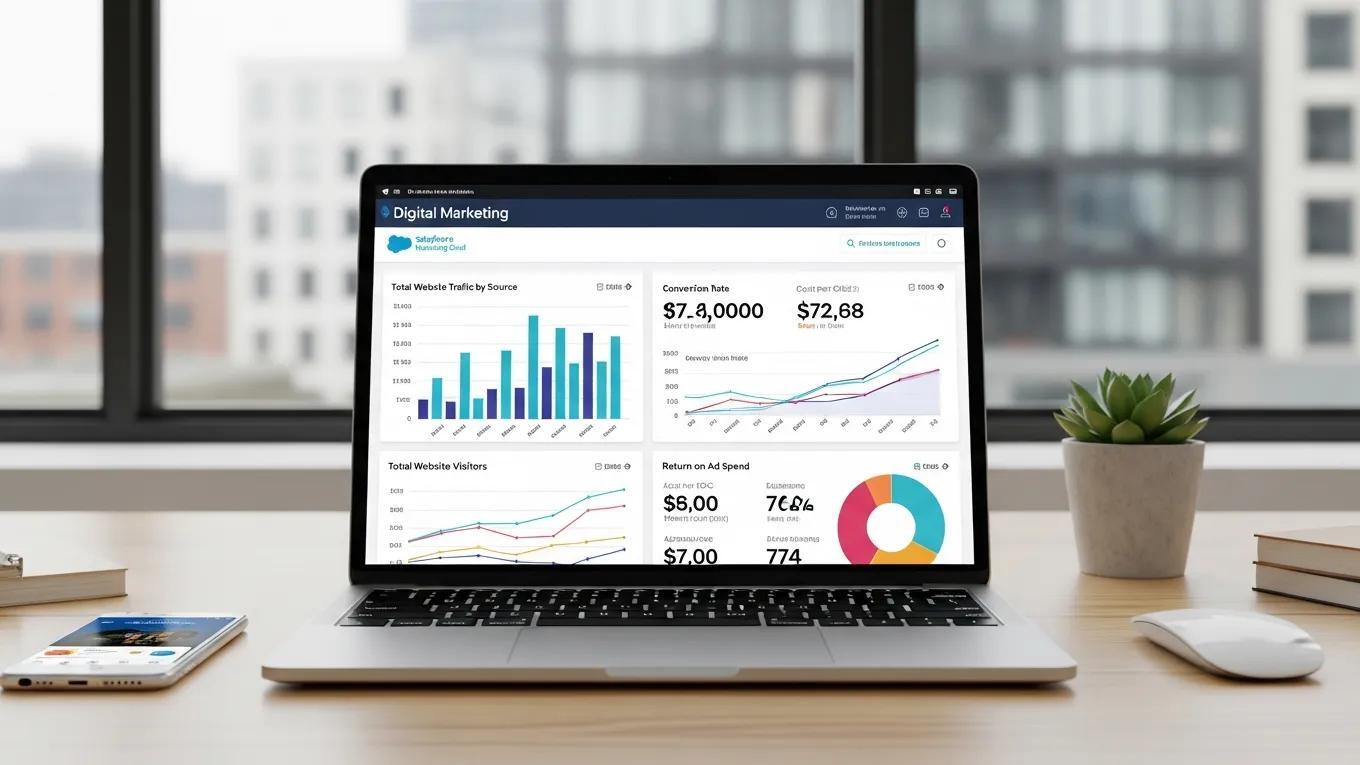 Digital marketing dashboard on a laptop screen, illustrating Salesforce Marketing Cloud features for optimized marketing efforts