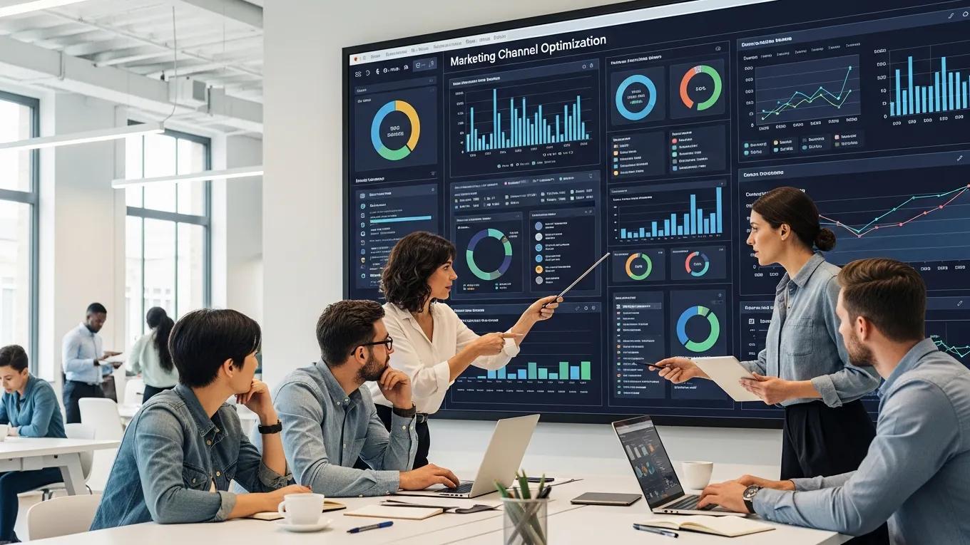 Marketing team analyzing data on a large screen in a modern workspace, focusing on channel optimization