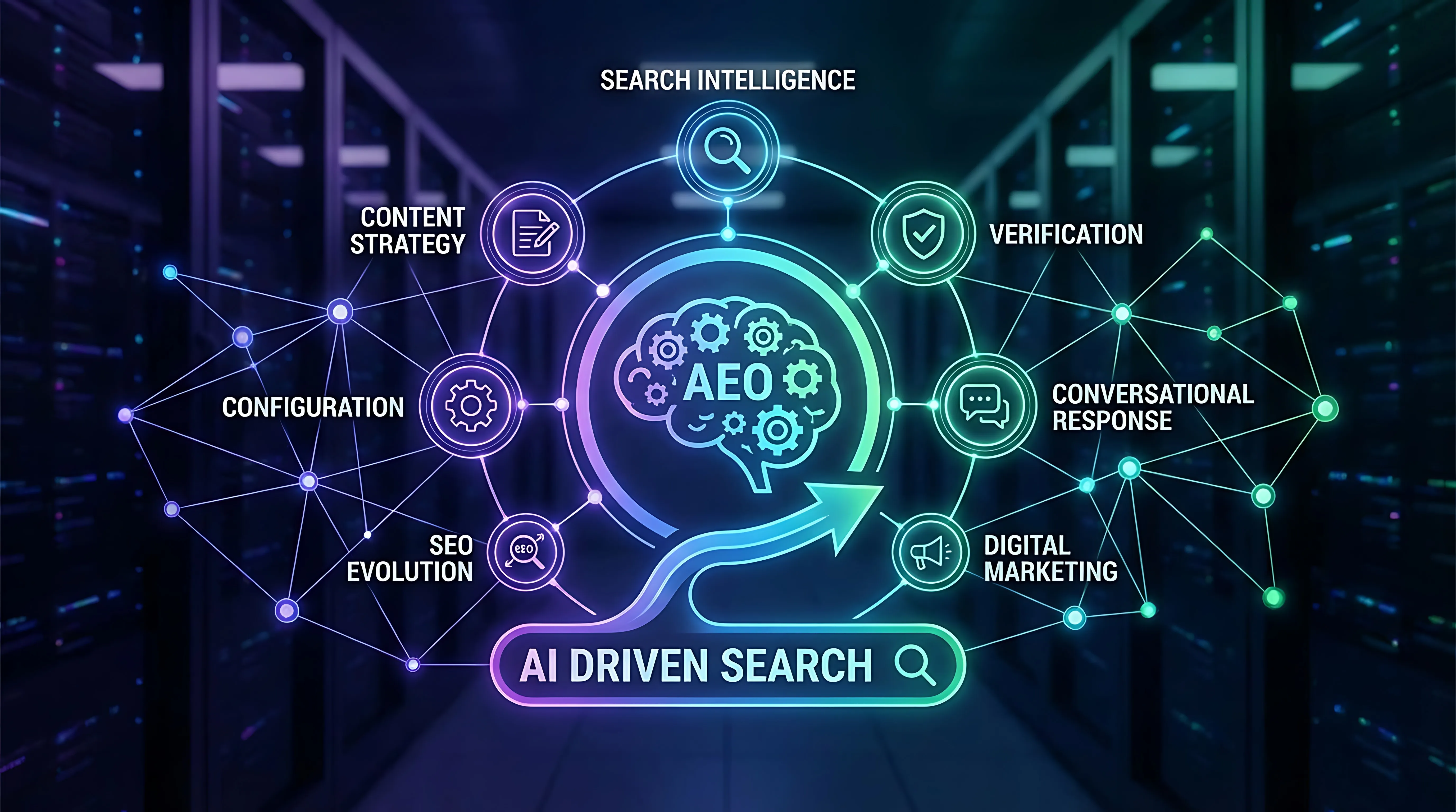 Colorful graphic illustrating AI-driven search concepts with interconnected elements.